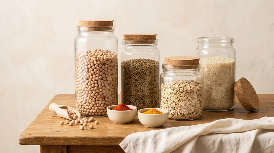 Tarros de garbanzos, lentejas, avena y arroz junto a especias