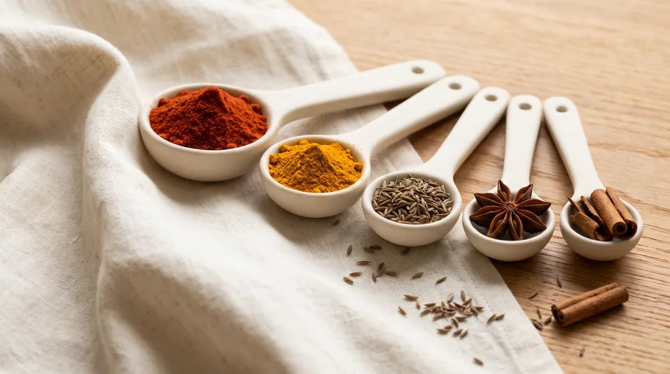 Pimentón, cúrcuma, comino, anís y canela en cucharas de cerámica